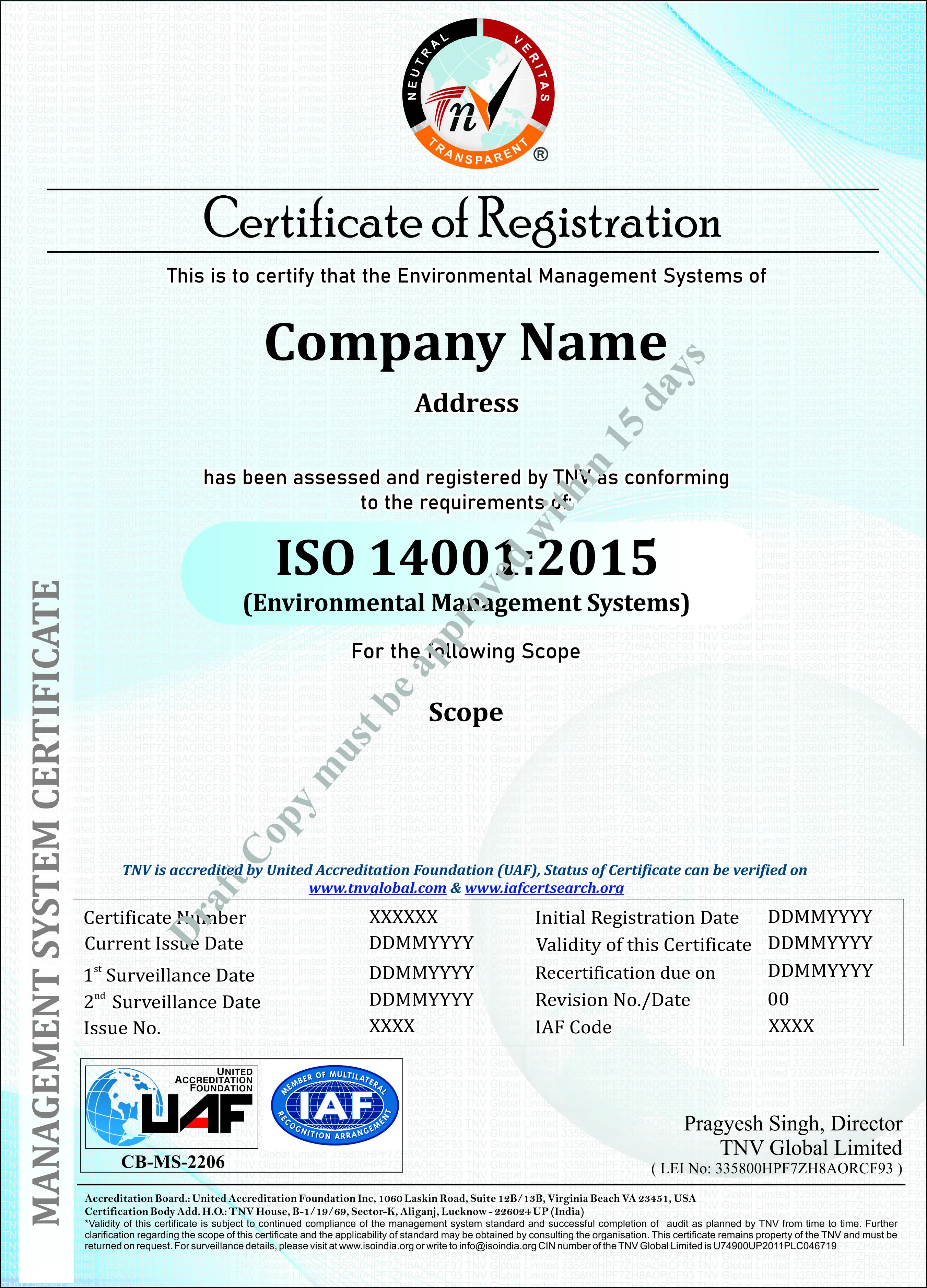 Sample ISO 14001 Certificate