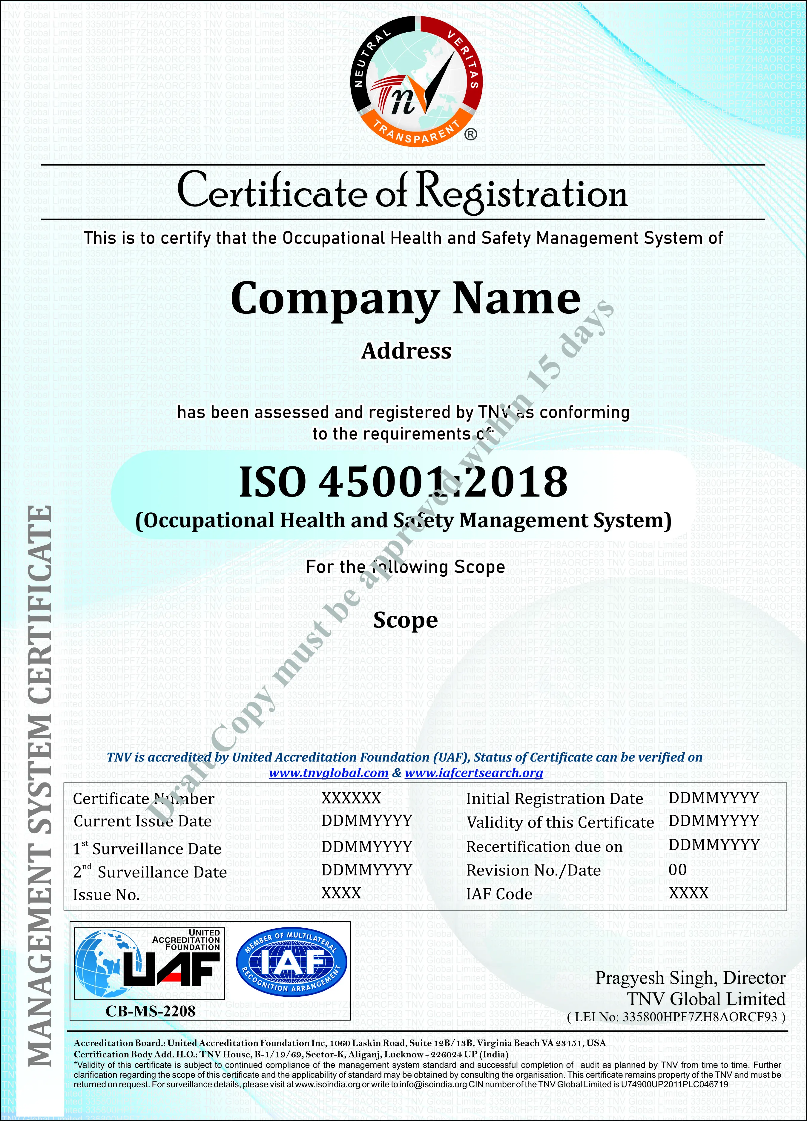 Sample ISO 45001 Certificate