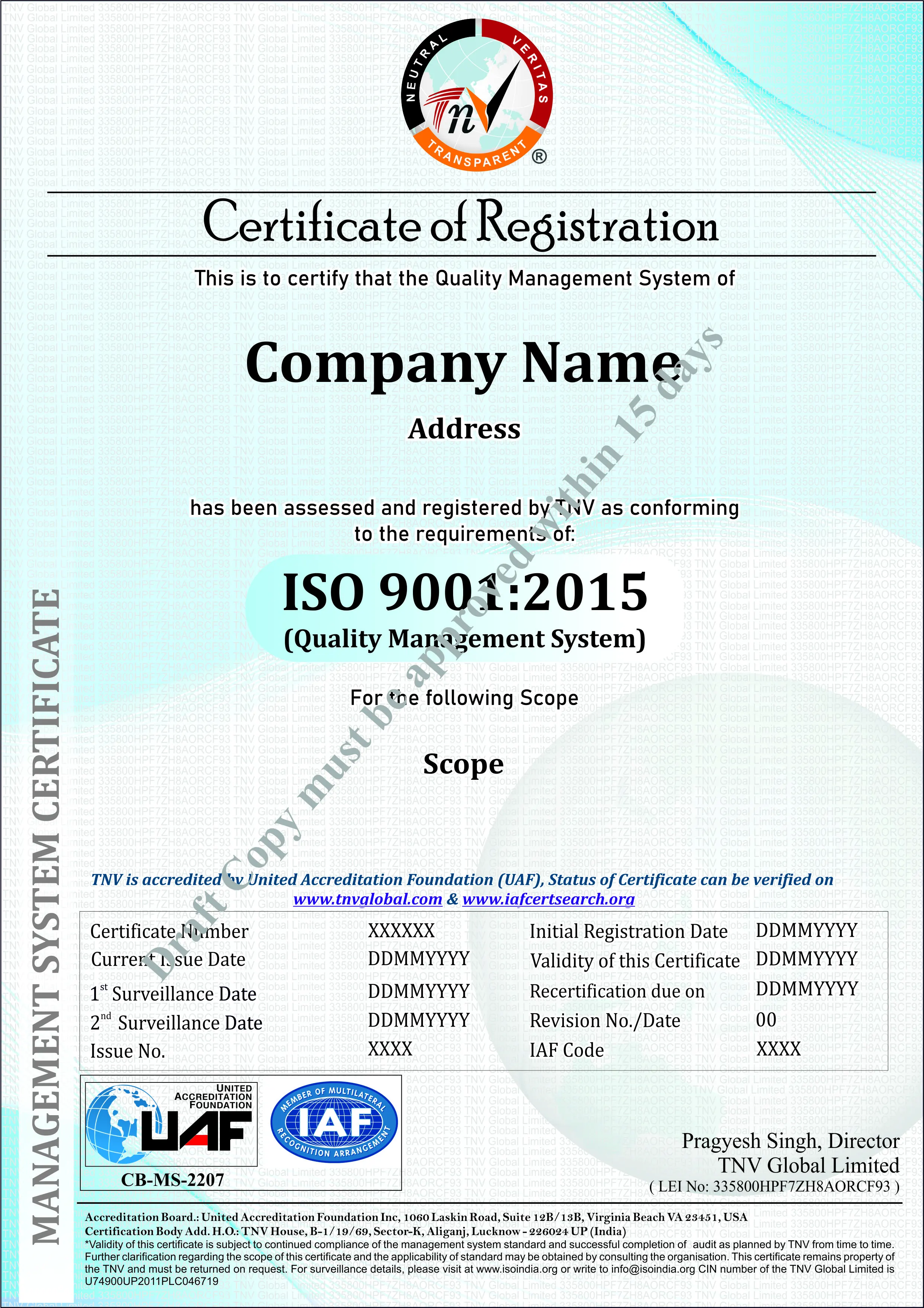 Sample ISO 9001 Certificate